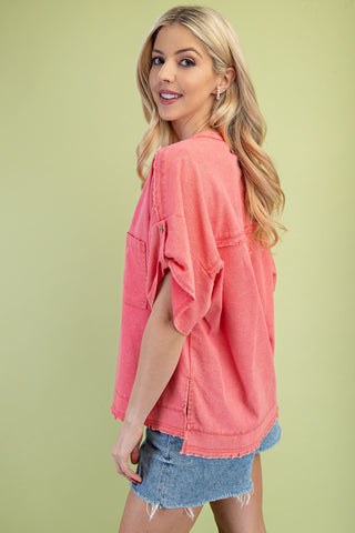 Coral Short Button Roll Sleeves Washed Linen Top