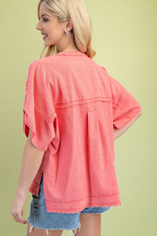 Coral Short Button Roll Sleeves Washed Linen Top