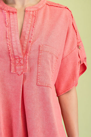 Coral Short Button Roll Sleeves Washed Linen Top
