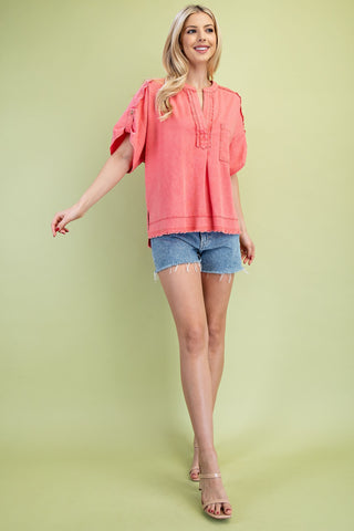 Coral Short Button Roll Sleeves Washed Linen Top
