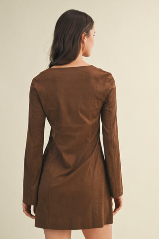 Suede Lace Up Mini Dress - Espresso
