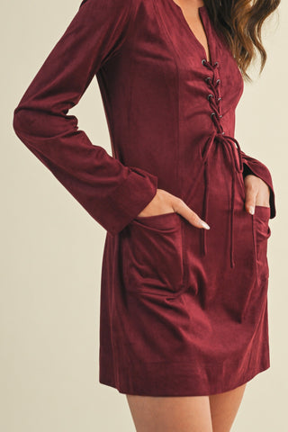 Suede Lace Up Mini Dress - Wine
