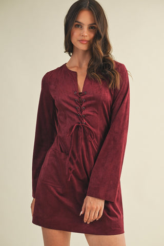 Suede Lace Up Mini Dress - Wine