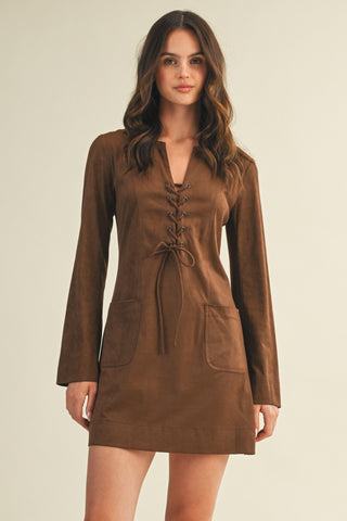 Suede Lace Up Mini Dress - Espresso
