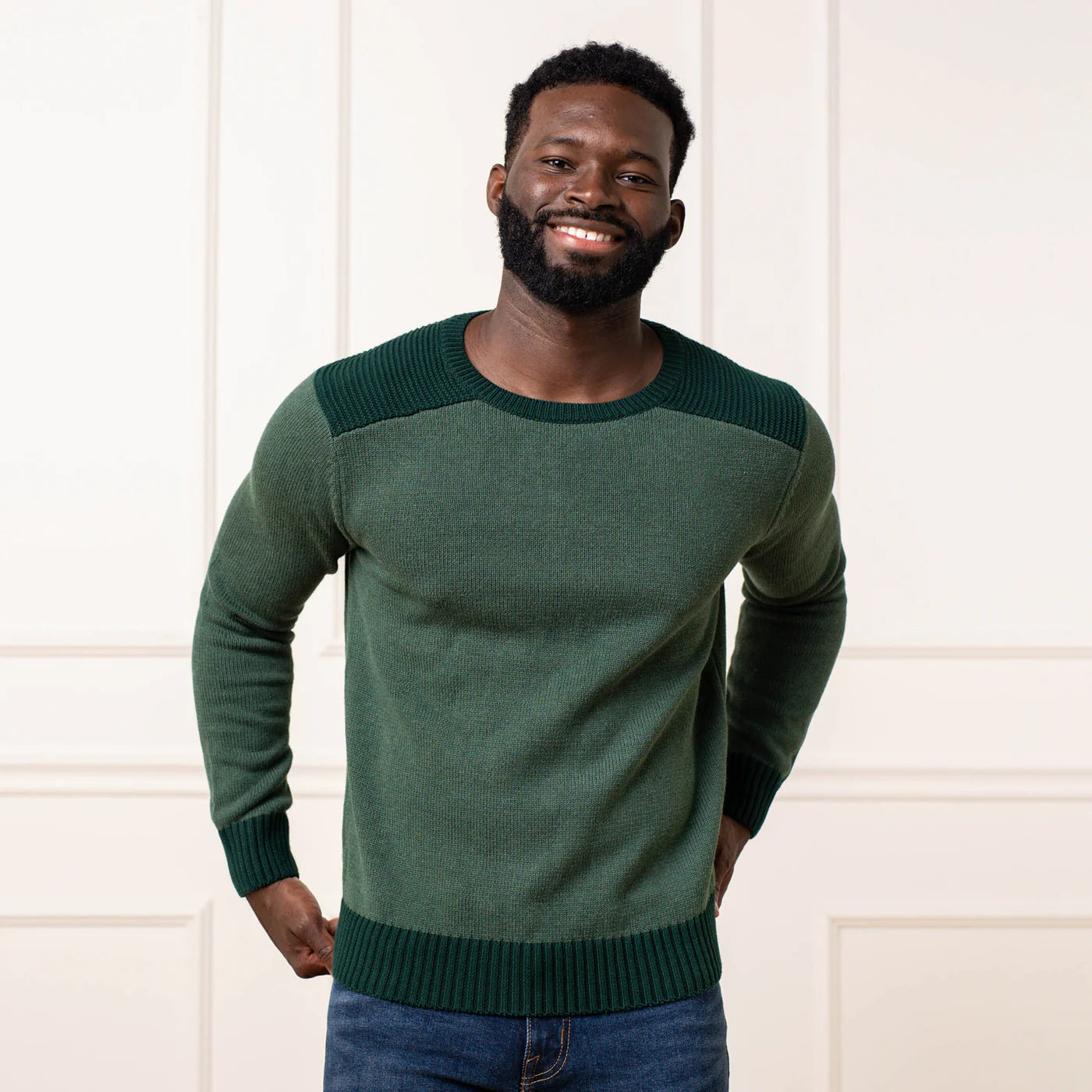 Organic Shoulder Detail Crew Neck Sweater Pine Green