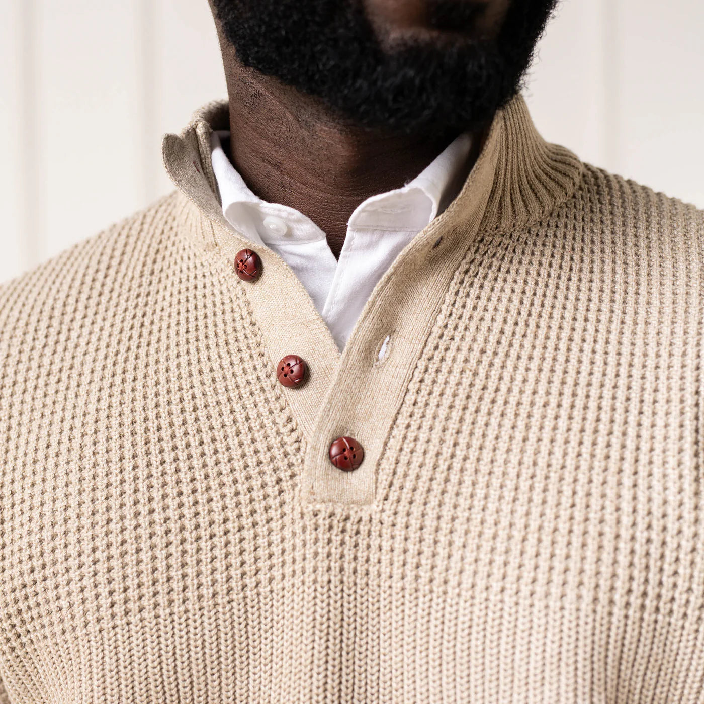 Organic Mock Neck Button Sweater Taupe