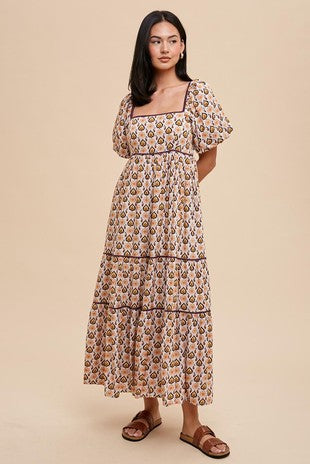 Boho Square Neck Maxi Dress (Statement) - Umber