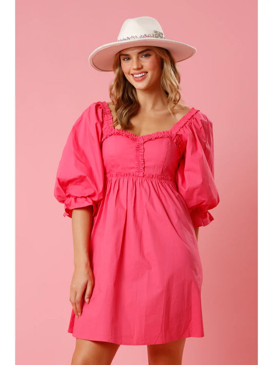 Hot pink Smocked Back Puff Sleeve Dress
