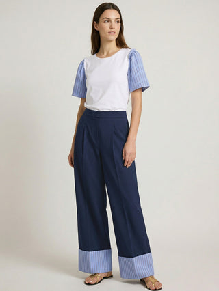 Navy Trousers w/ Striped Turn-Ups