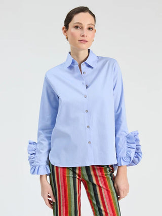 BLUE SHIRT WITH SIDE RUFFLES