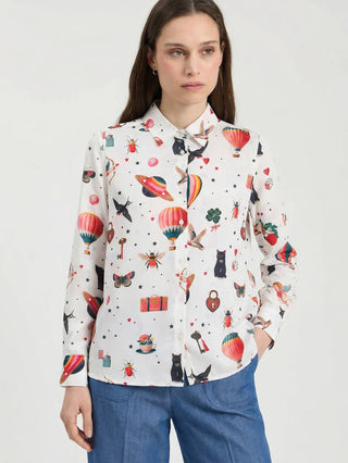 White silk shirt with Cupid print