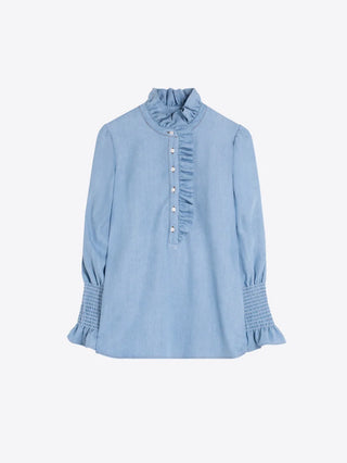 BLUE DENIM SHIRT WITH FRONT RUFFLES