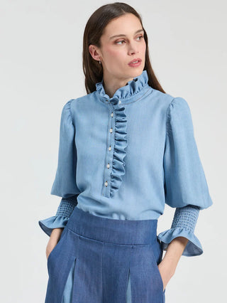 BLUE DENIM SHIRT WITH FRONT RUFFLES