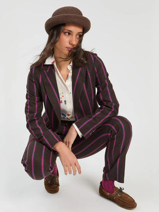 BROWN STRIPED WOOL JACKET WITH PINK DETAILS