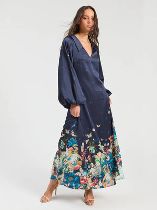 LONG NAVY DRESS WITH FLOWERS AND BUTTERFLIES