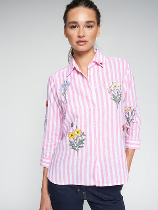 Pink Striped Shirt w/ Embroidered Flowers