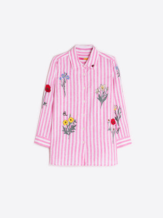 Pink Striped Shirt w/ Embroidered Flowers