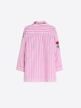 Pink Striped Shirt w/ Embroidered Flowers