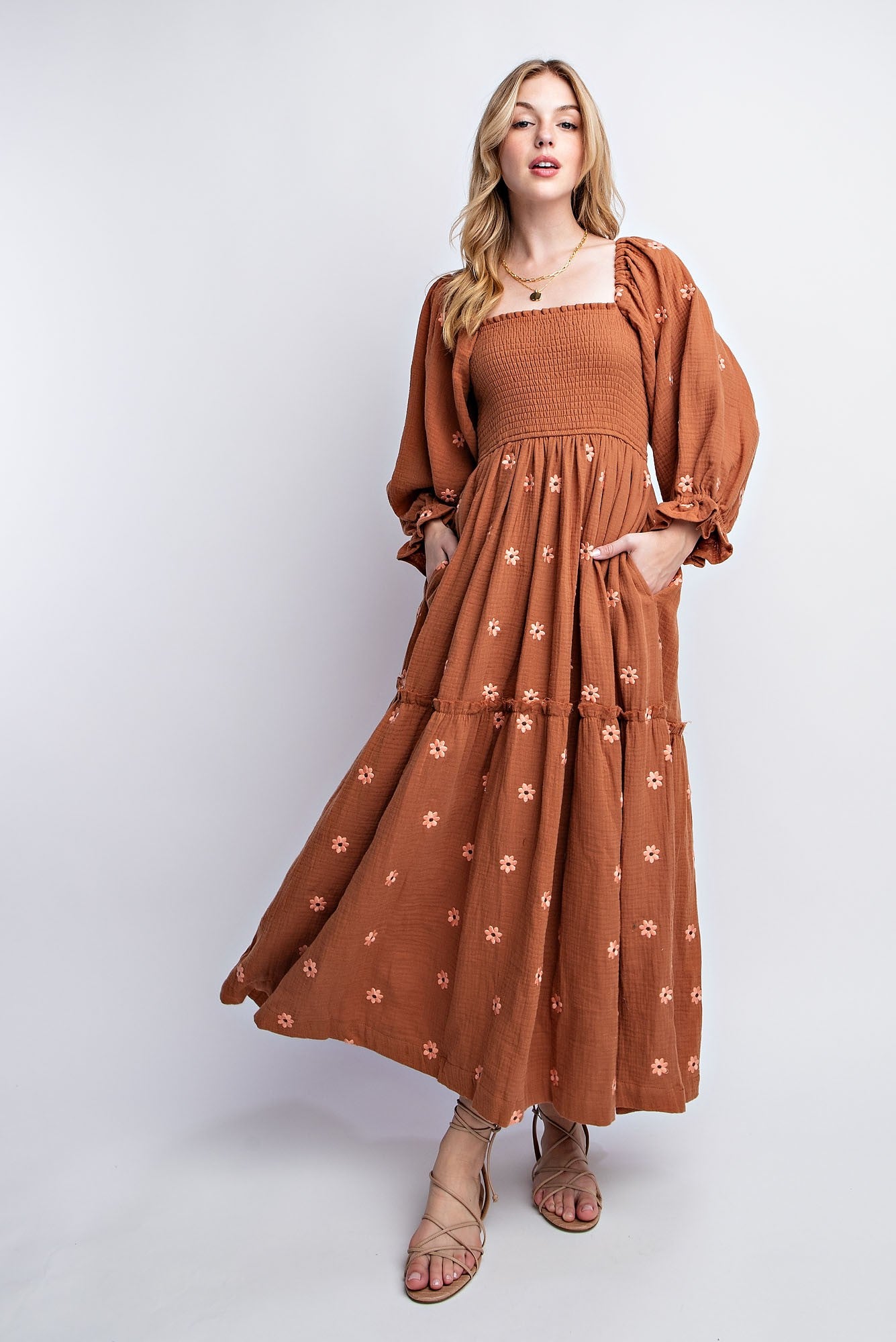 Caramel Gauze Embroidery Smocking Tiered Gradient Dress