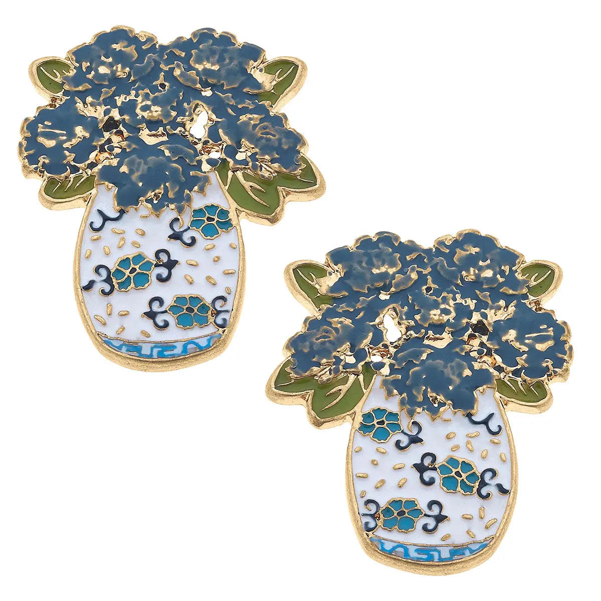 Sofia Enamel Hydrangea Ginger Jar Stud Earrings in Blue & White