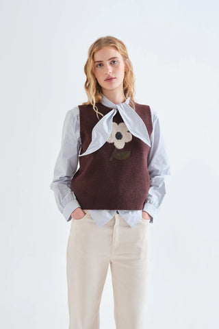 Brown Jacquard Big Flower Knit Vest