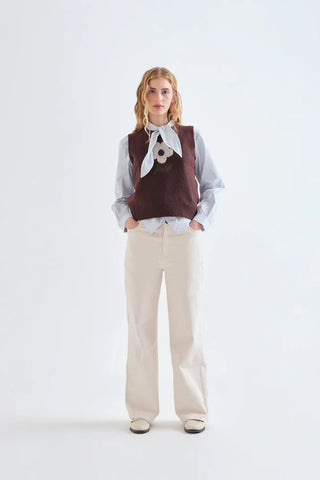 Brown Jacquard Big Flower Knit Vest