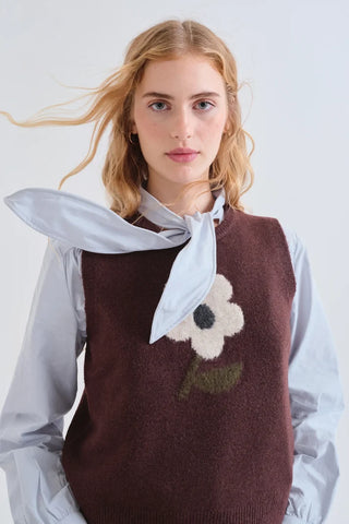 Brown Jacquard Big Flower Knit Vest