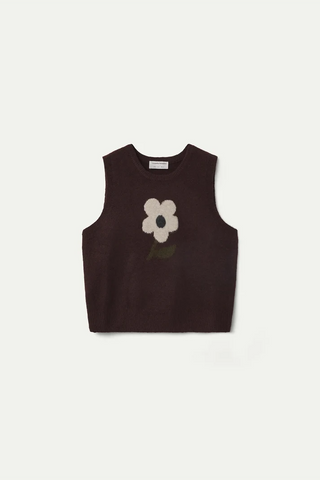 Brown Jacquard Big Flower Knit Vest