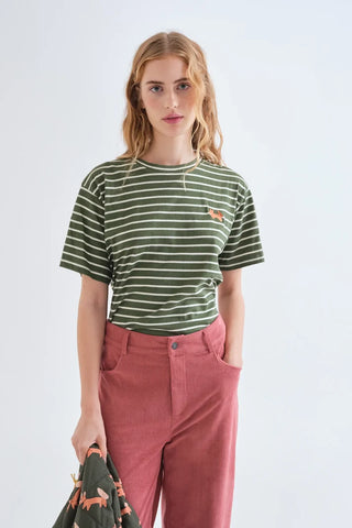 Olive Green &amp; White Striped Cotton T-Shirt