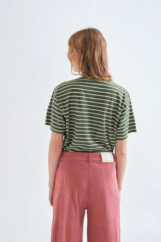 Olive Green &amp; White Striped Cotton T-Shirt