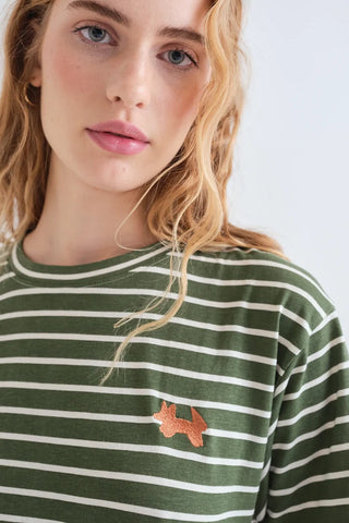 Olive Green &amp; White Striped Cotton T-Shirt