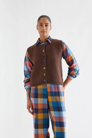 Brown Knit Vest with Multicolor Velvet Buttons