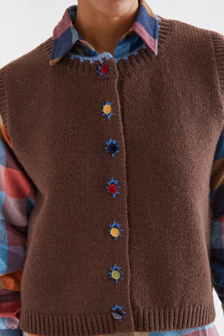 Brown Knit Vest with Multicolor Velvet Buttons