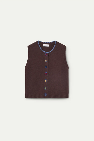Brown Knit Vest with Multicolor Velvet Buttons