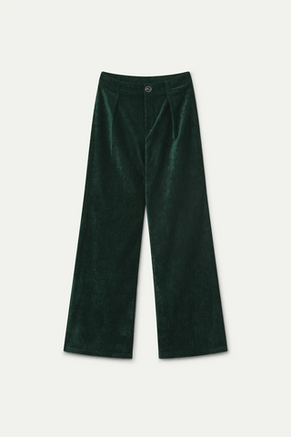 Dark green velvet trousers with a jewel button