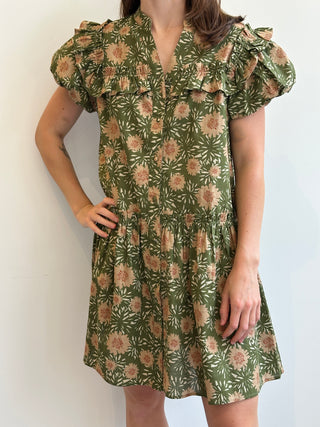 Olive Open Mandarin Collar Puff Sleeve Mini Dress