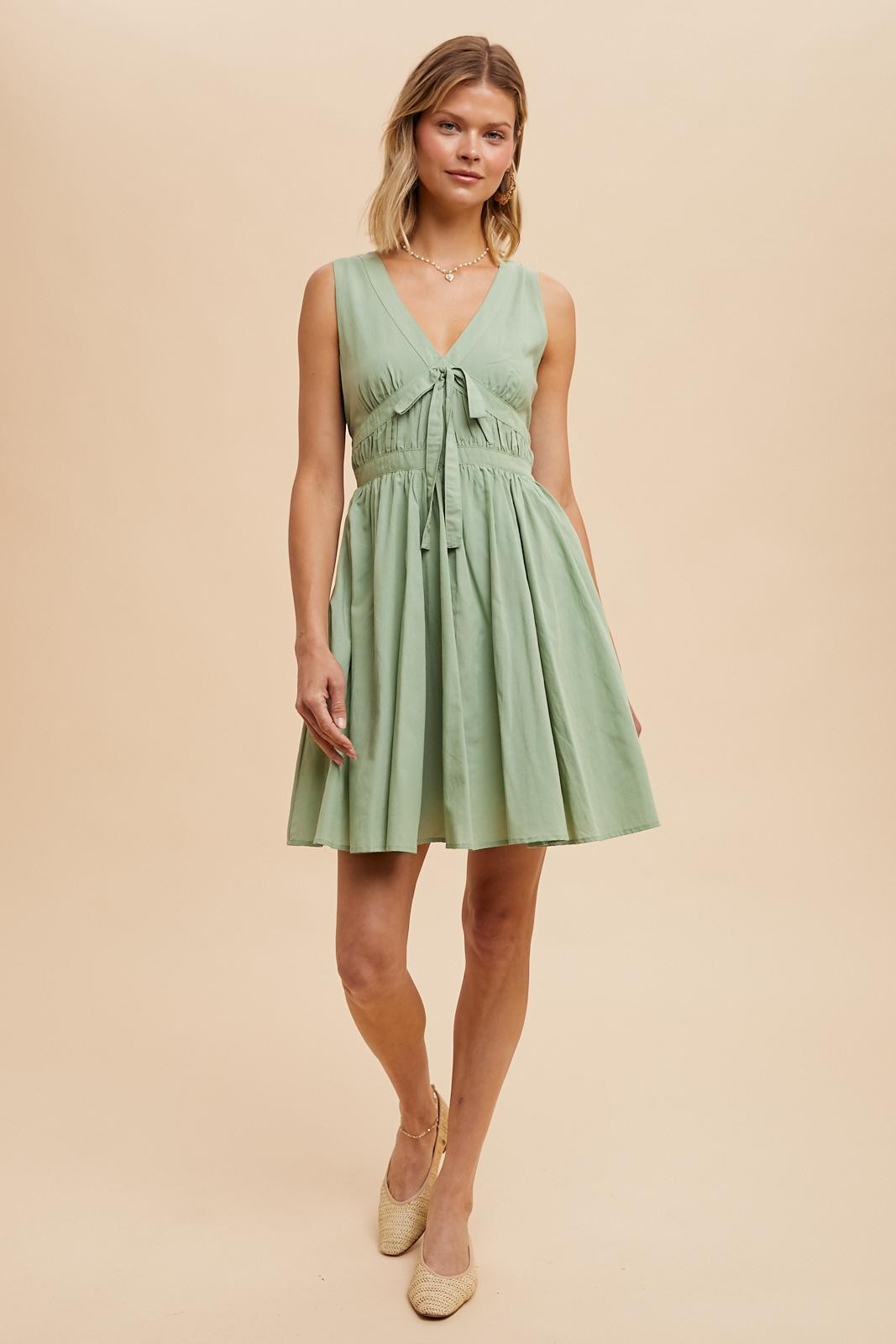 Cotton Bow Dress (Darling) - Sage