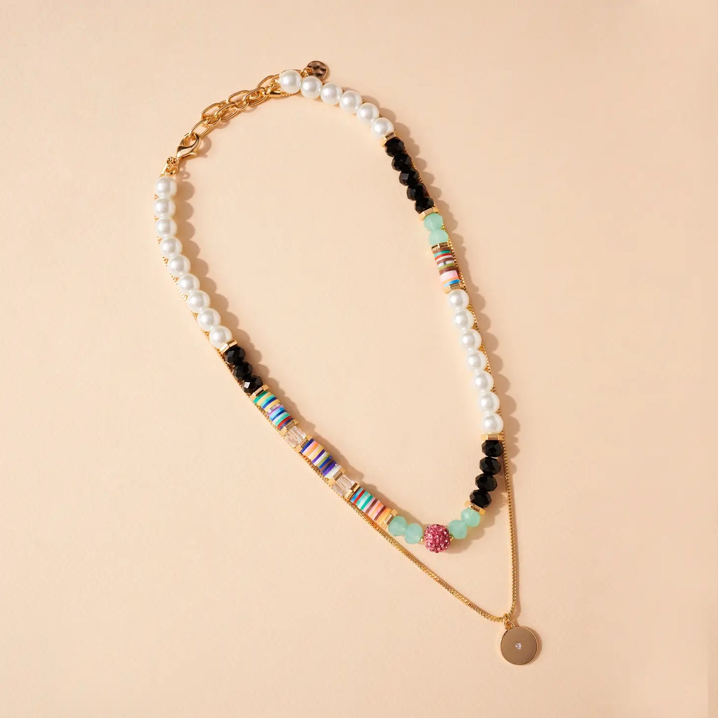 Layered Glass and Pearl Bead Charm Necklace