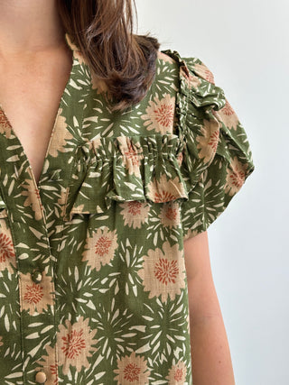 Olive Open Mandarin Collar Puff Sleeve Mini Dress