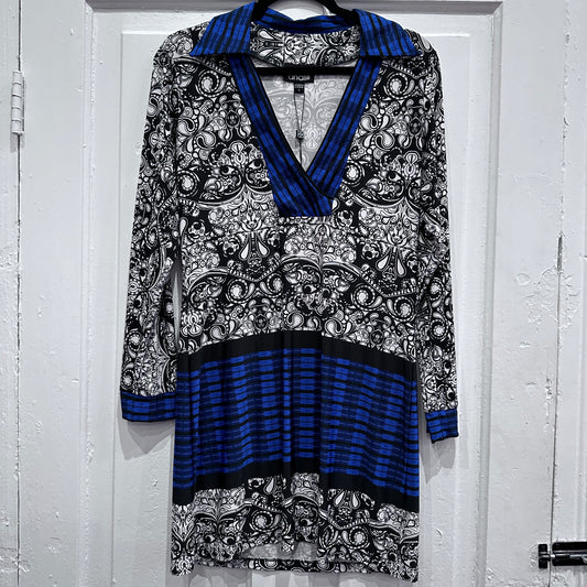 Black and Blue Long Sleeve Collared Print Dress