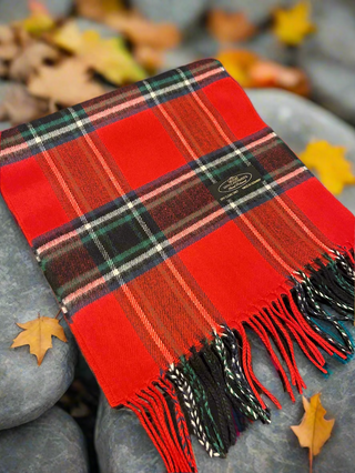 Red plaid scarf with fringes draped over a black appliance.