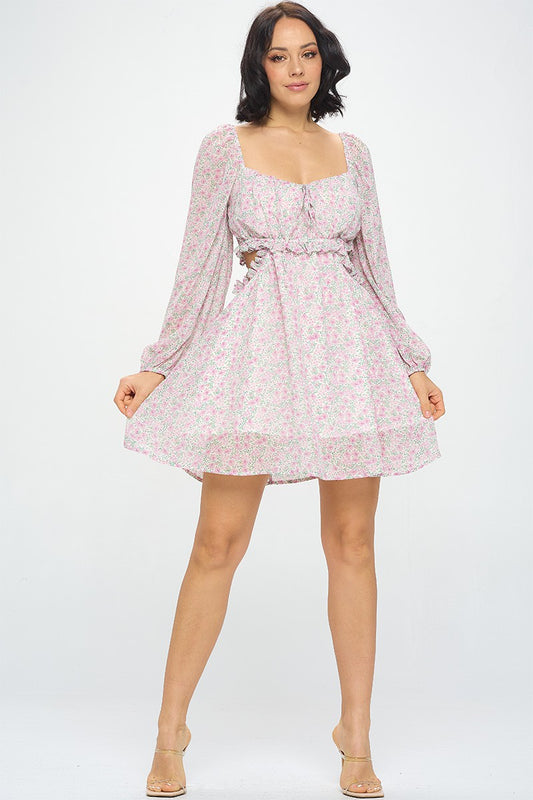 Puff Sleeve Cut Out Dress Pink Floral