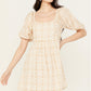 Gingham & Dot Square Neck Mini Dress - Taupe Ivory