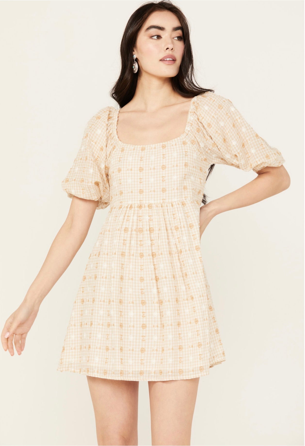 Gingham & Dot Square Neck Mini Dress - Taupe Ivory