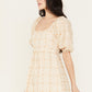 Gingham & Dot Square Neck Mini Dress - Taupe Ivory