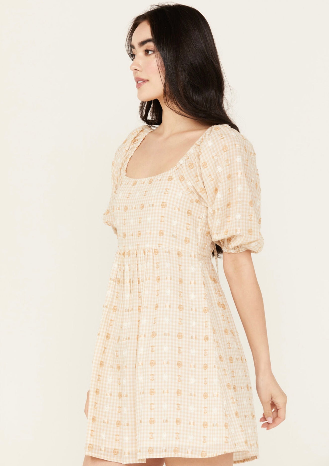 Gingham & Dot Square Neck Mini Dress - Taupe Ivory