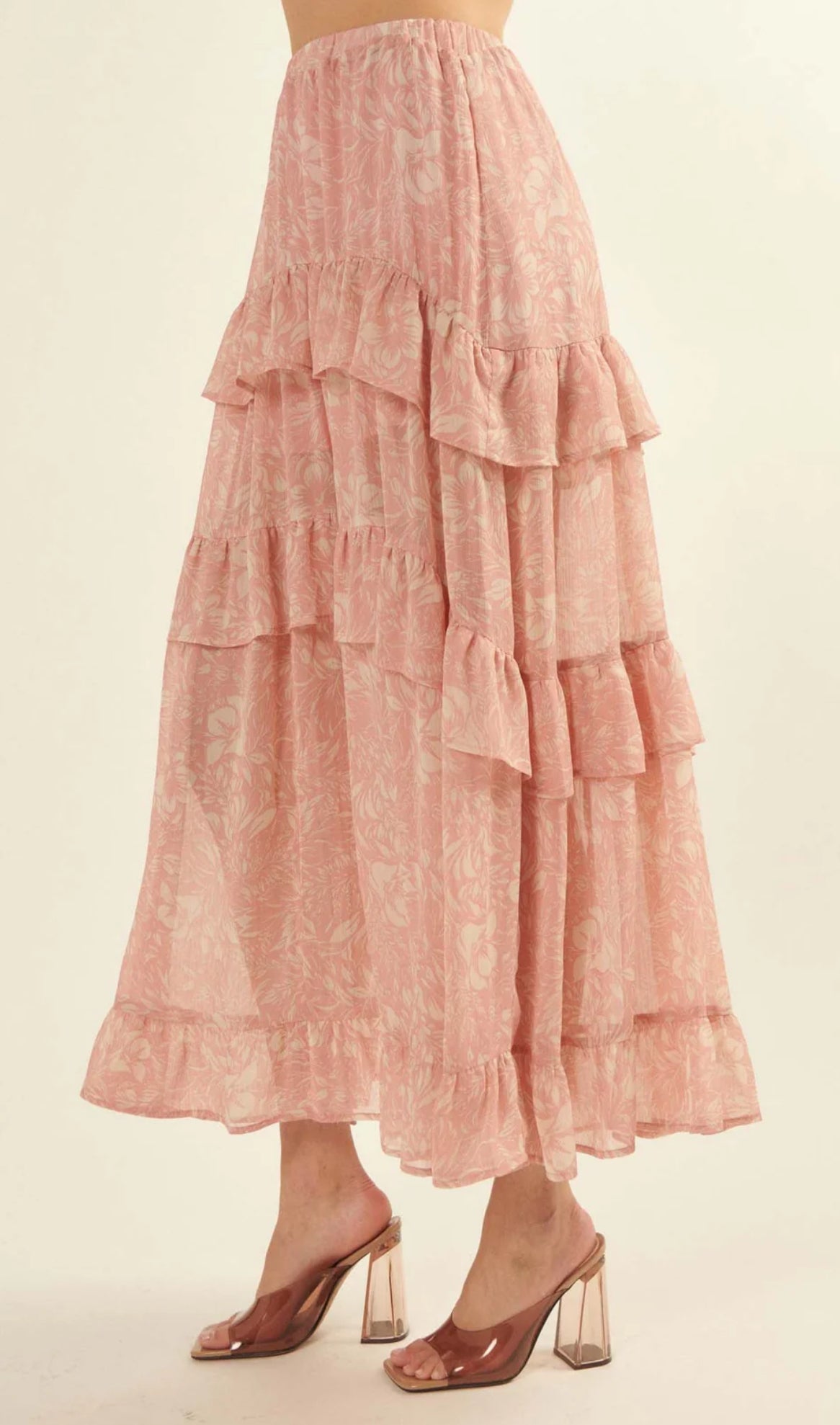 Floral Tiered Ruffle-Trimmed A-Line Maxi Skirt