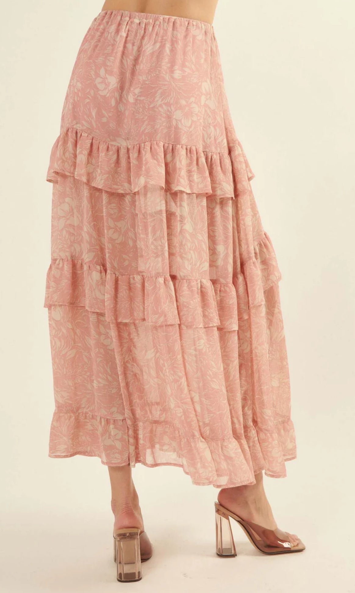 Floral Tiered Ruffle-Trimmed A-Line Maxi Skirt