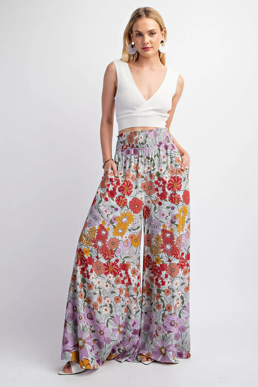 Flare Wide Leg Smocked Long Pants - Lavendar