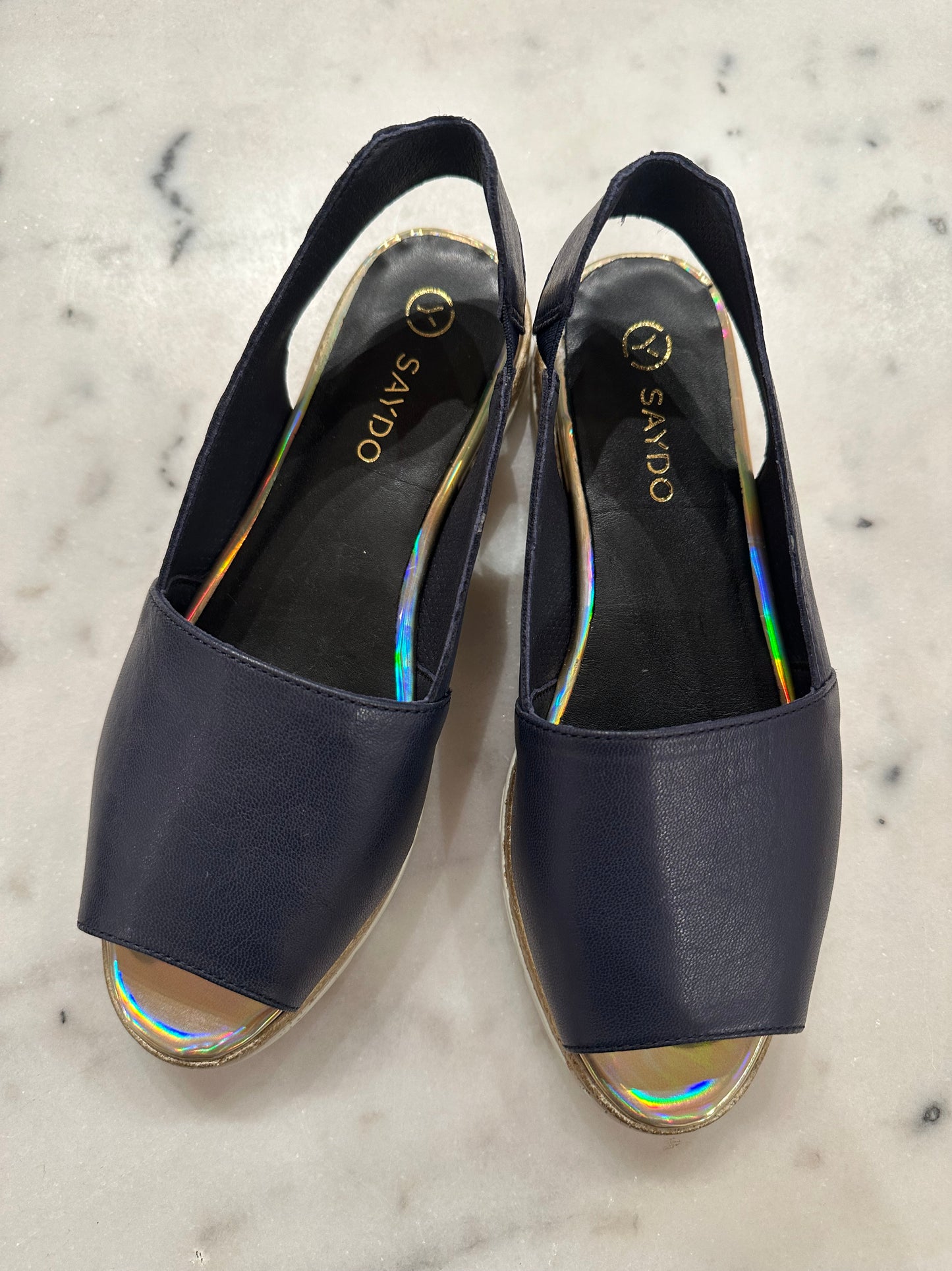 navy flat with holographic sole